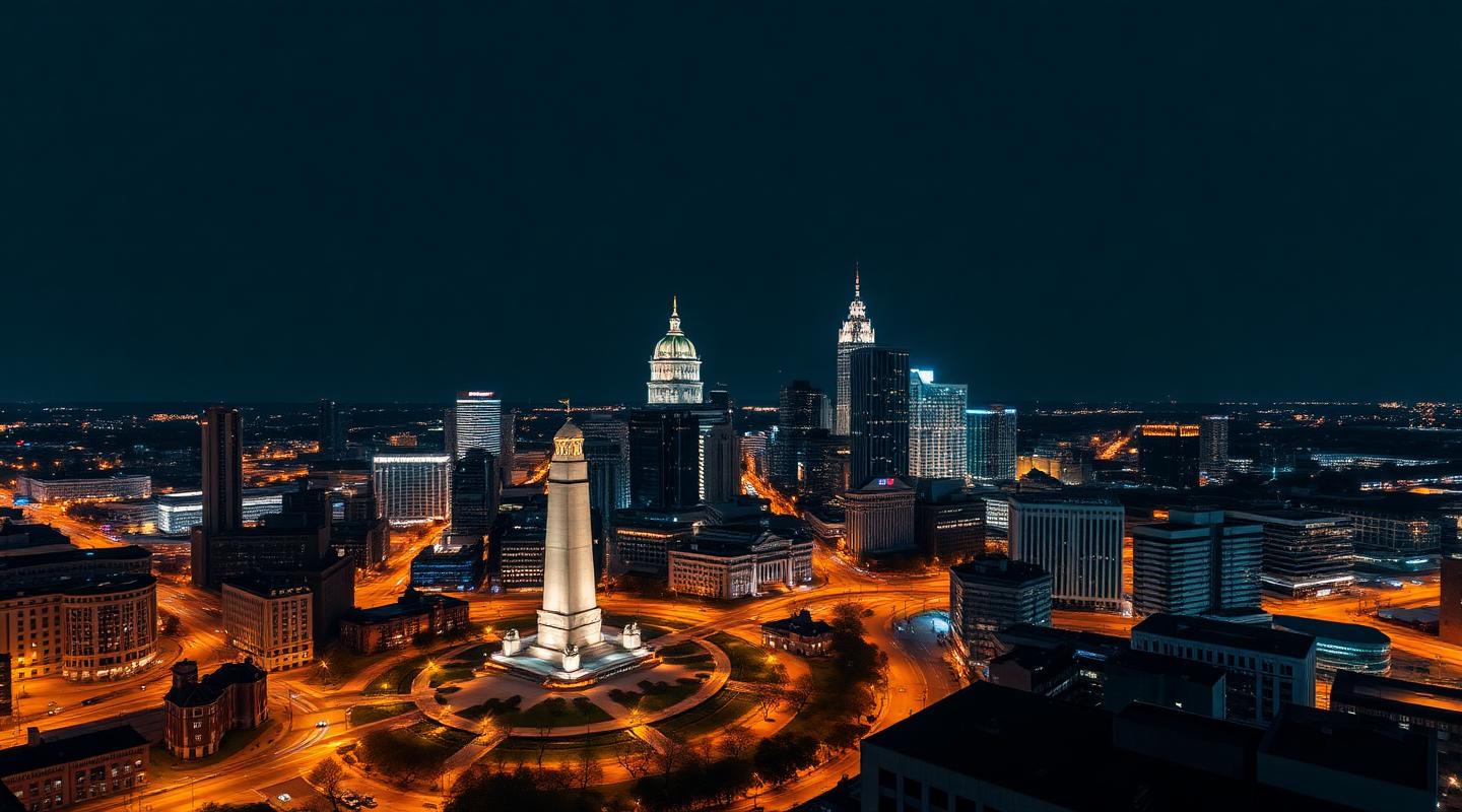 Indianapolis skyline and Monument Circle illuminated at night
